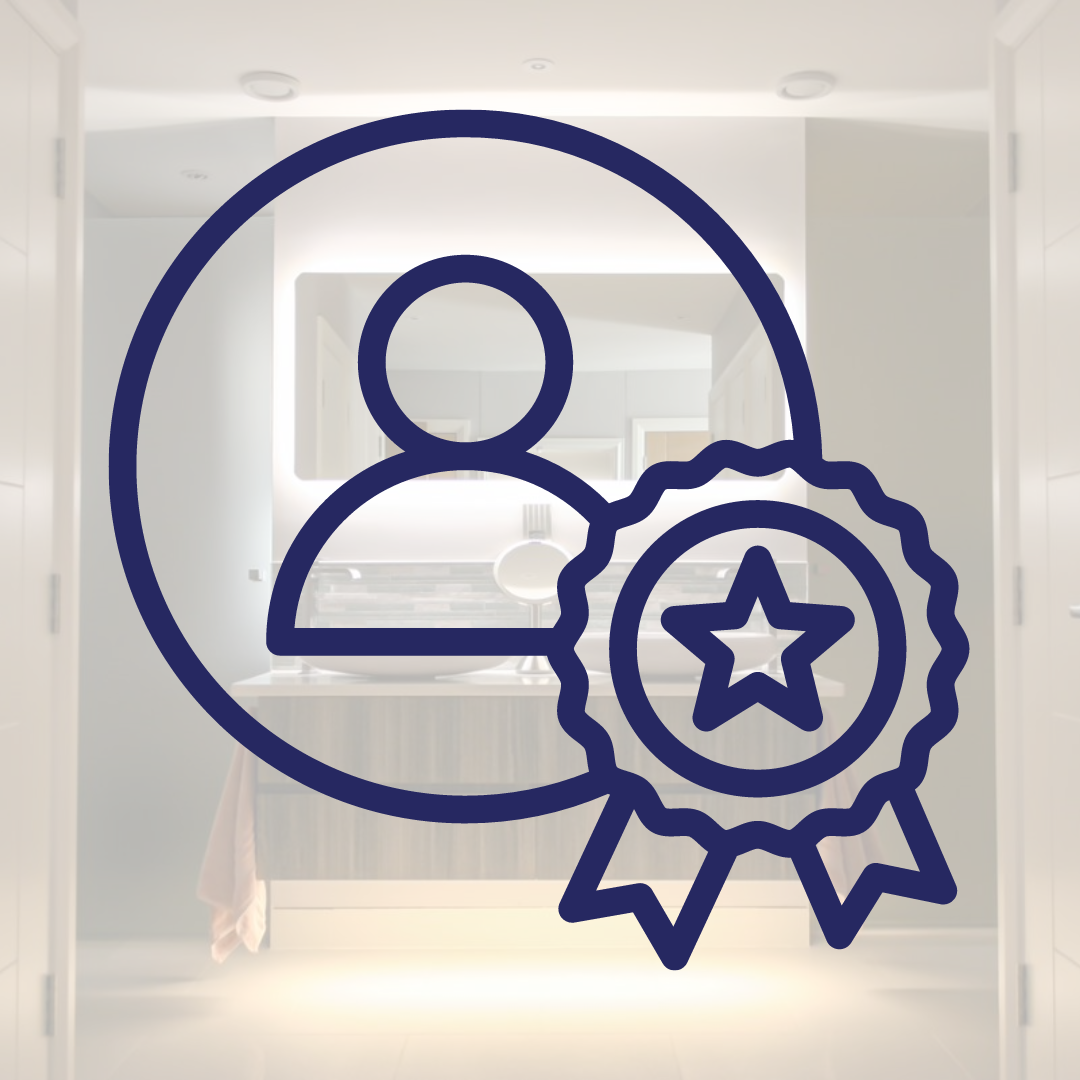 Qualified Professionals symbol with a renovated bathroom in the background. Qualified Professionals symbol with a renovated bathroom in the background.
